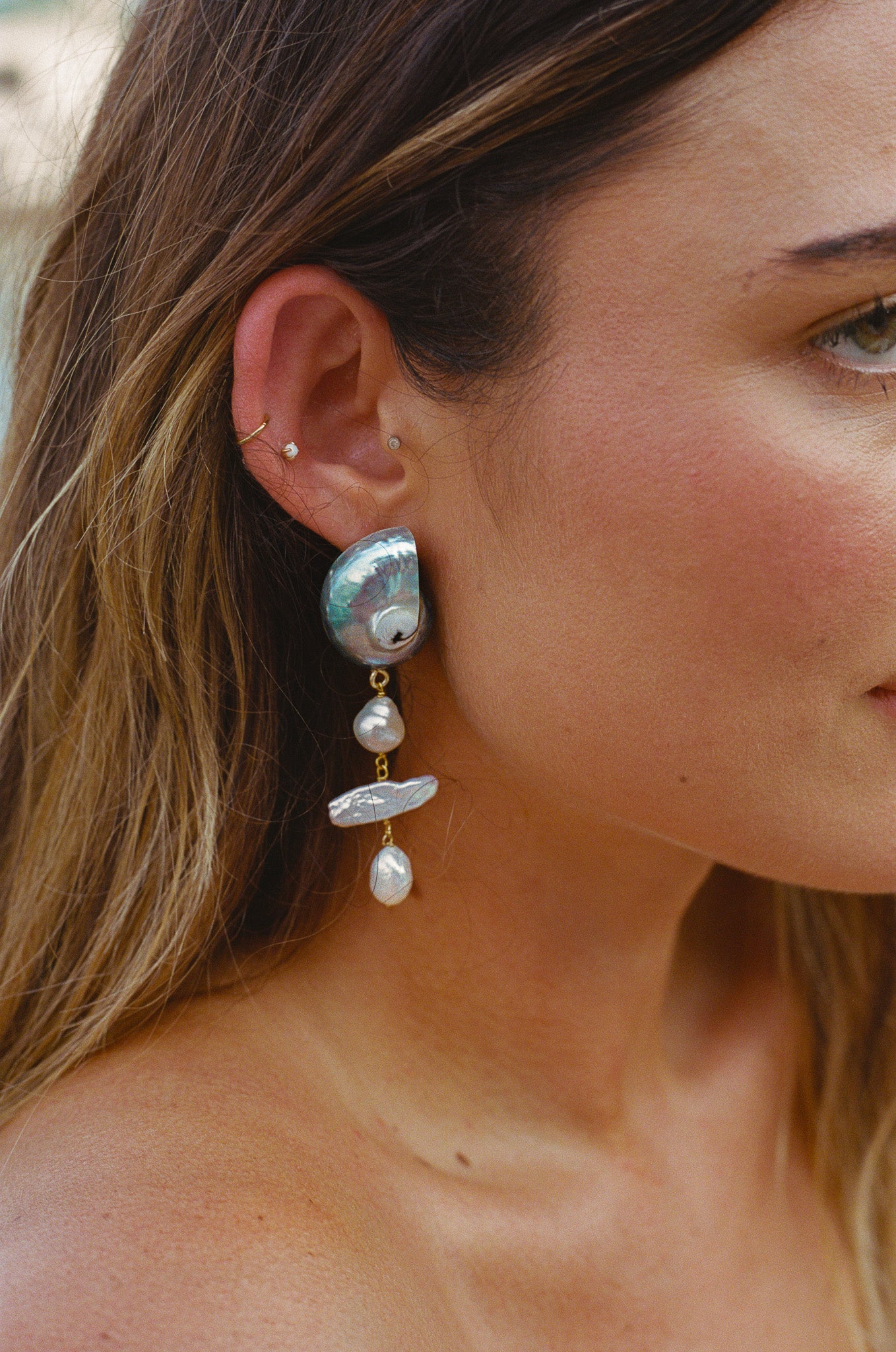 Nautilus Shell + Freshwater Pearl Earrings