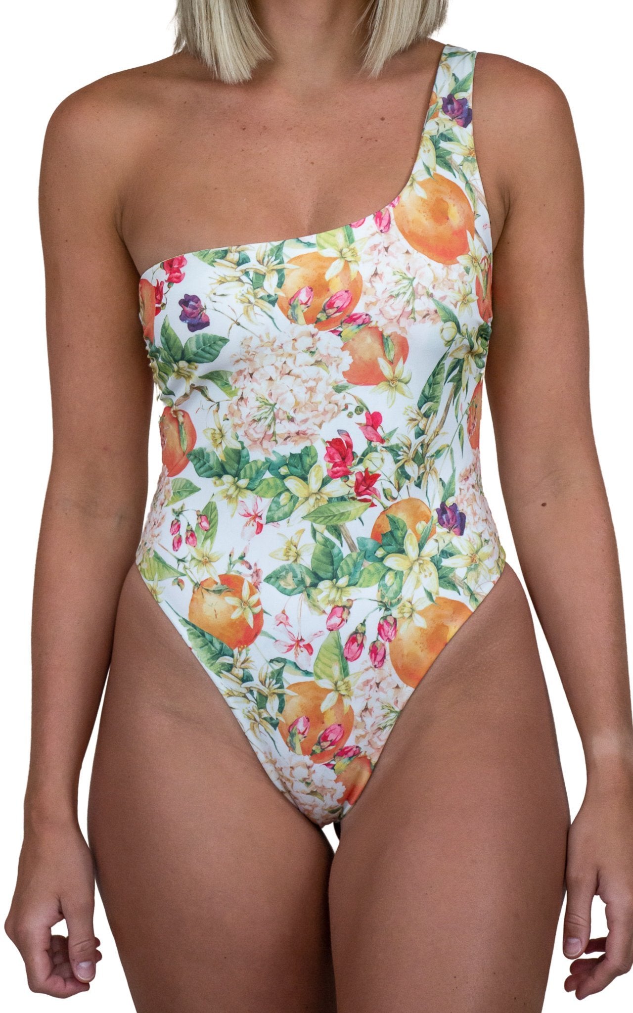 orange blossom printed one shoulder one piece swimsuit