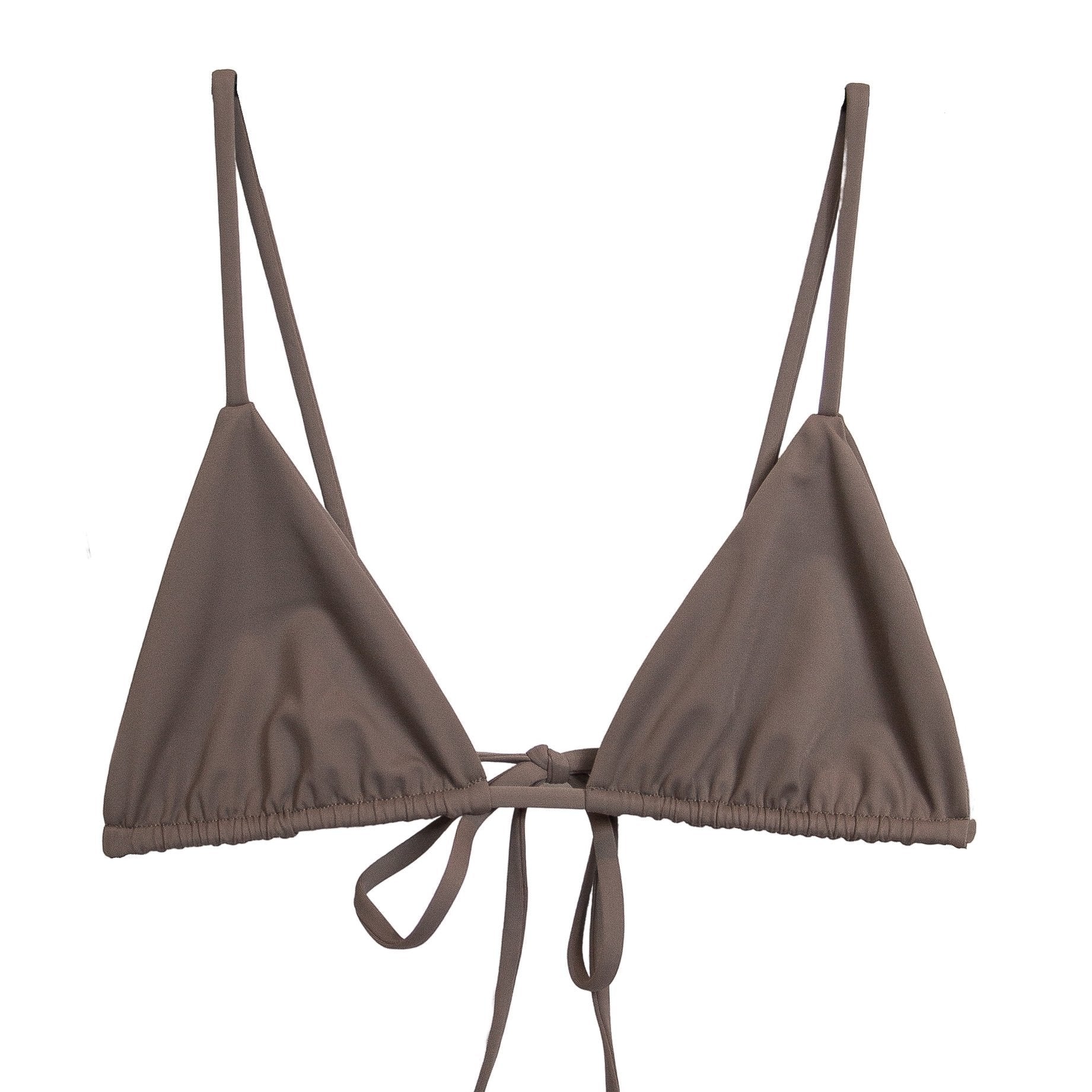 the anniston top in creamy brown latte a classing triangle bikini top made with sustainable fabric