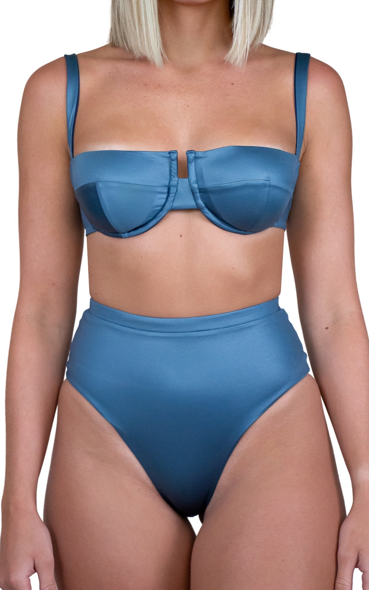 shiny blue high waisted medium coverage bikini bottom